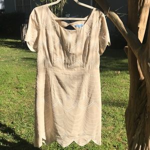 Sheath Dress in Nude with White Embroidery